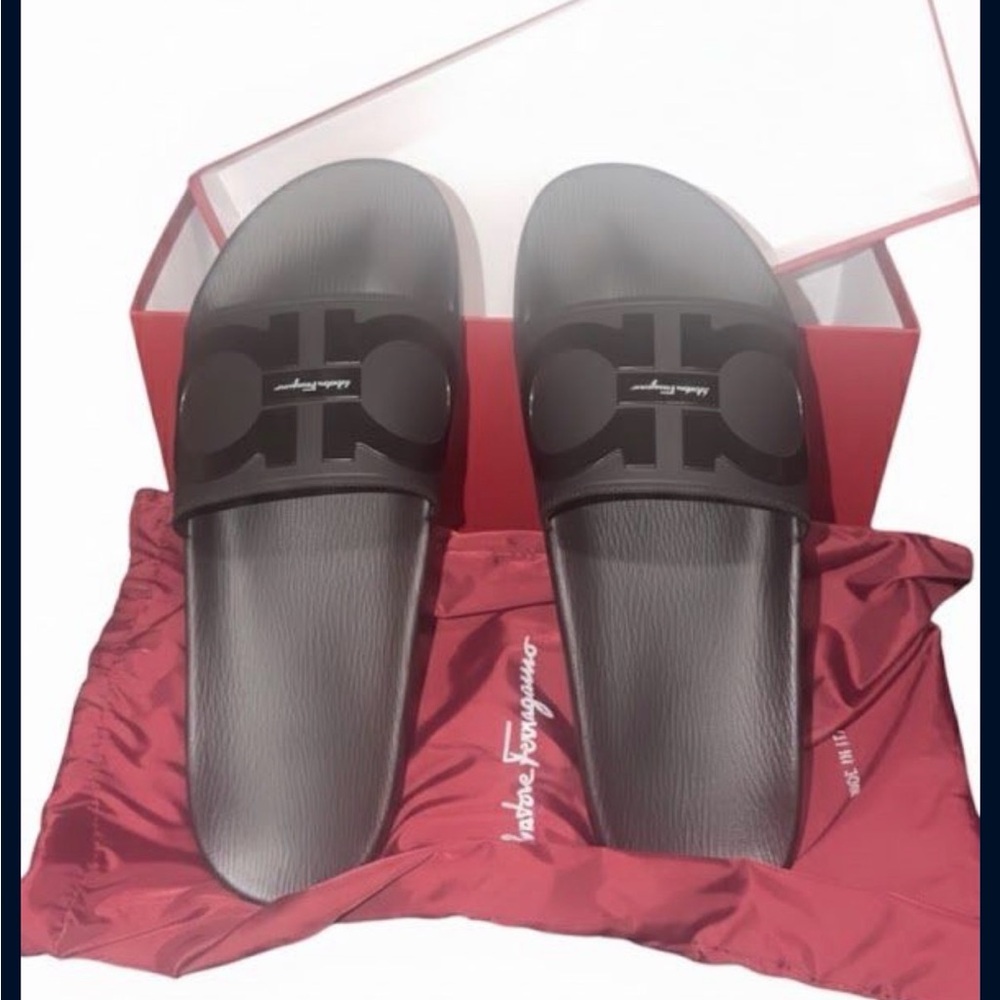 Salvatore Ferragamo Black Logo Slide Sandals